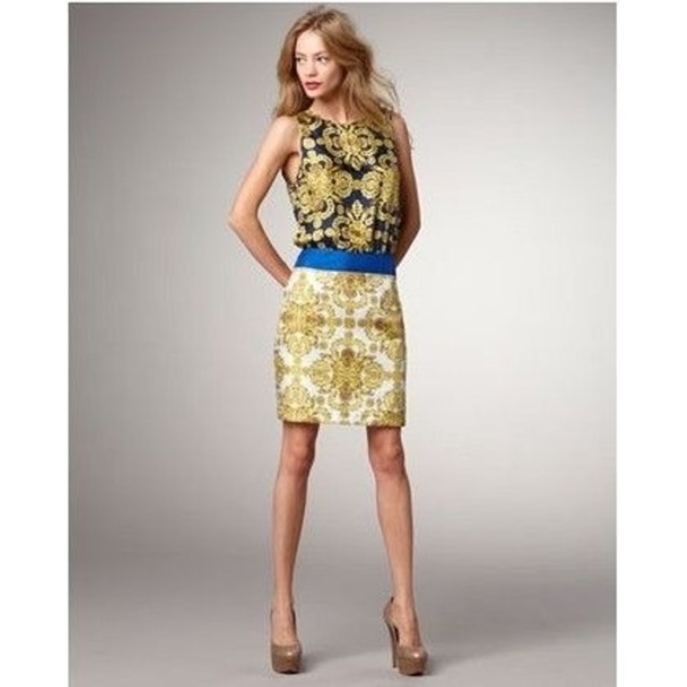 Tibi New York 100% Silk Gold Navy Baroque Print‎ Sleeveless Sheath Dress Size 4
